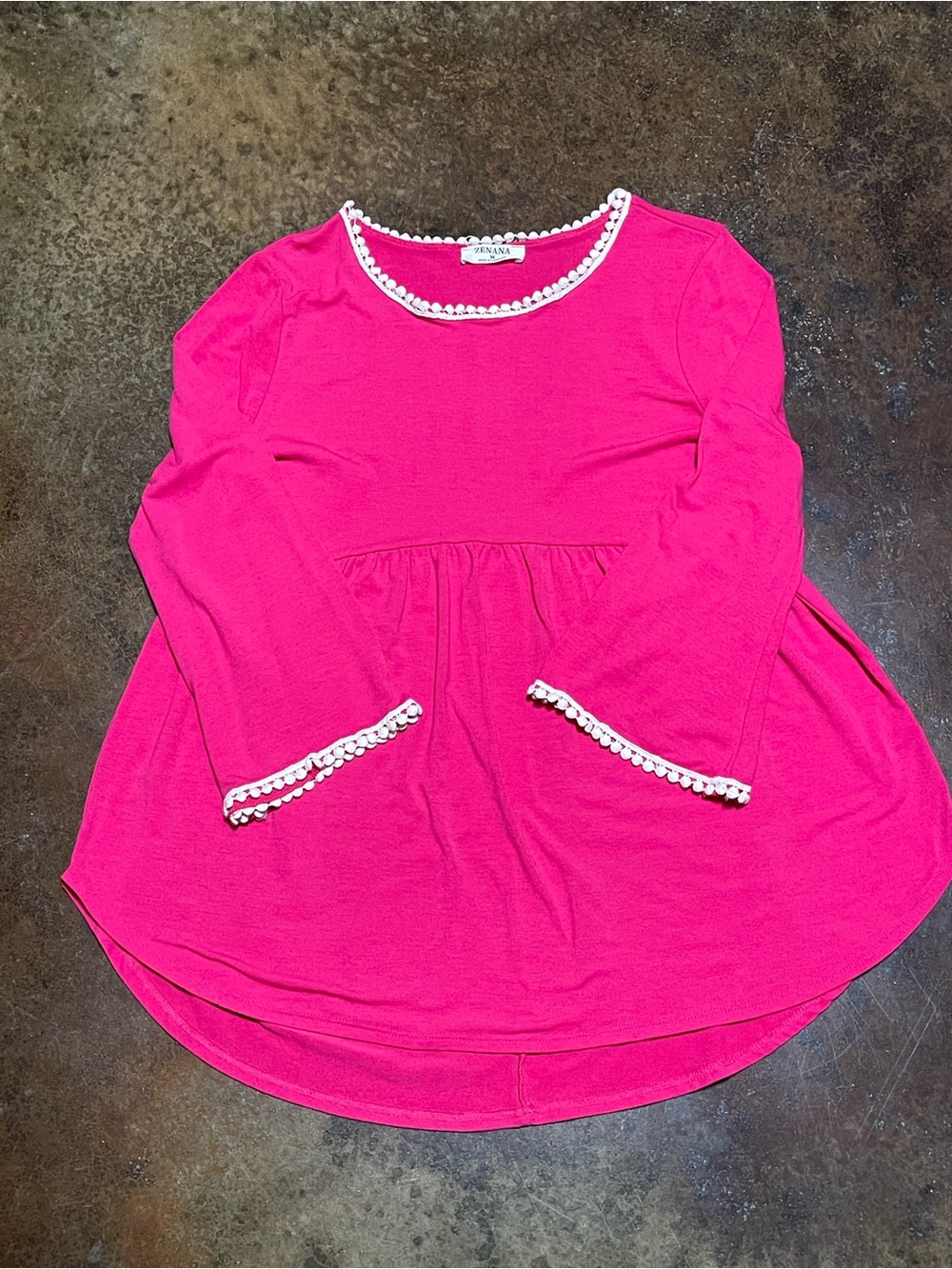 Zenana Outfitters Hot Pink Long Sleeve Tunic with White Lace Trim